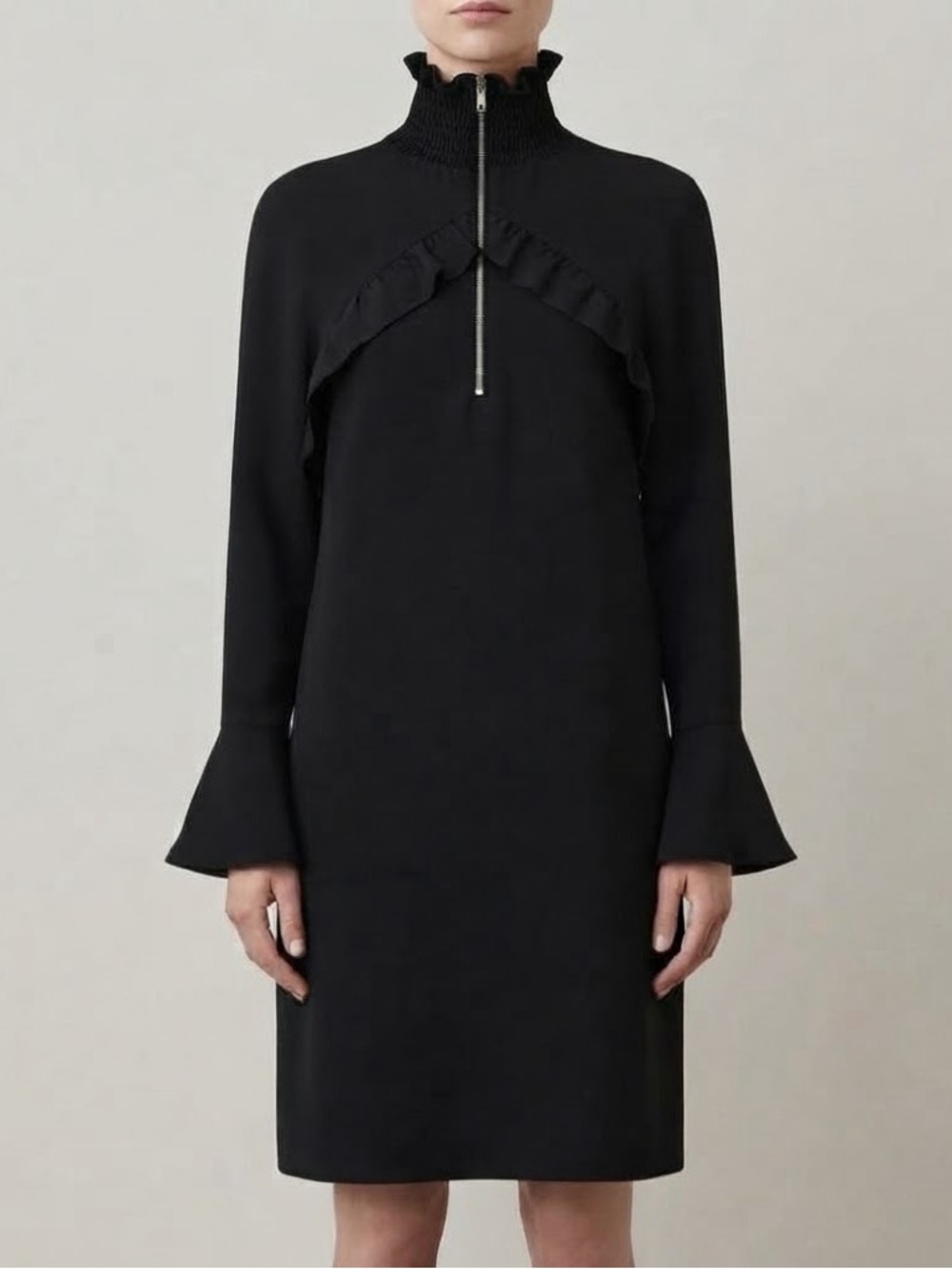 IRO Soniah Black Ruffle High Neck Zip Shift Dress Size 42 NWT $590